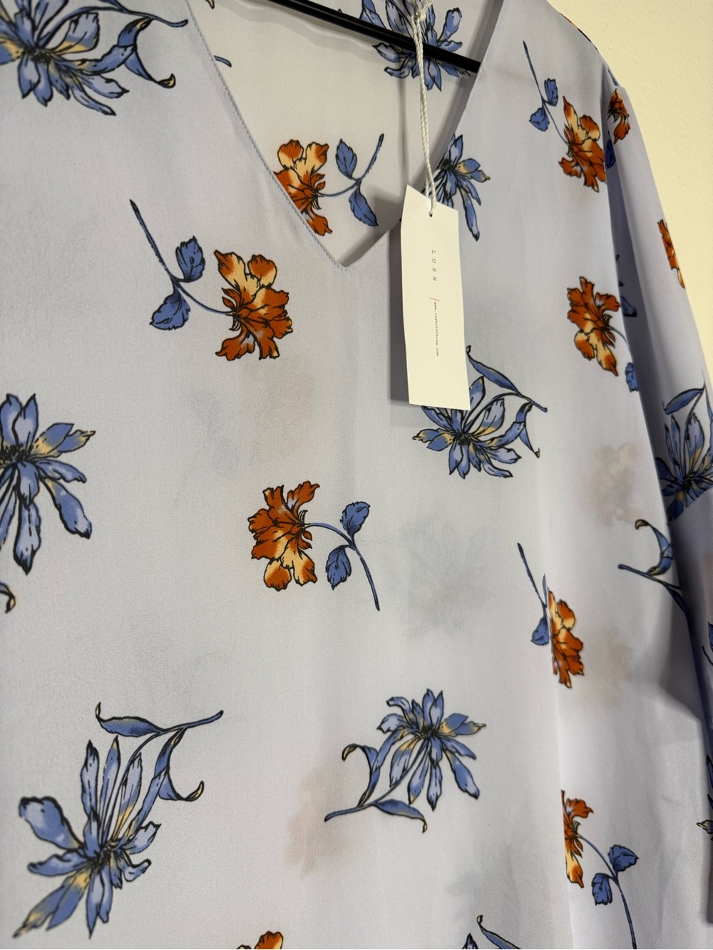 LUSH Top Large Blue Floral Bell Sleeve V-Neck Sheer Blouse - Picture 2 of 5
